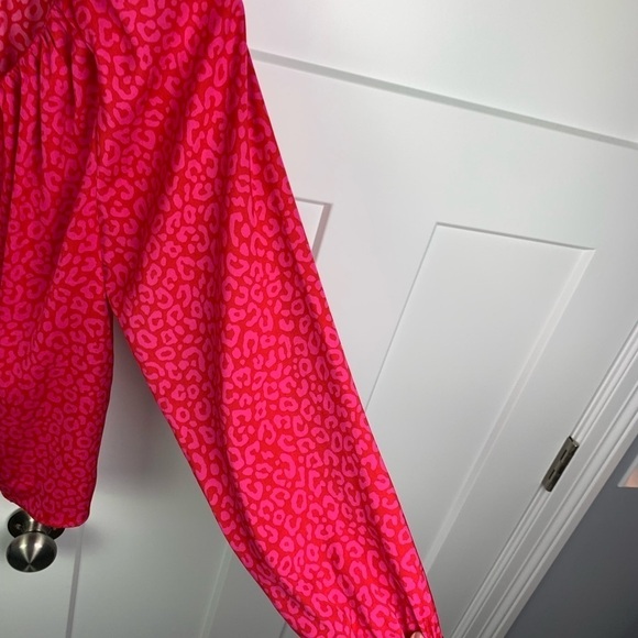 Ann Taylor SMALL leopard Print Blouse Pink Red V Neck Long Sleeve - Picture 5 of 7
